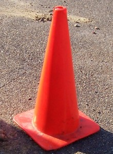 Caution cone at a construction site.